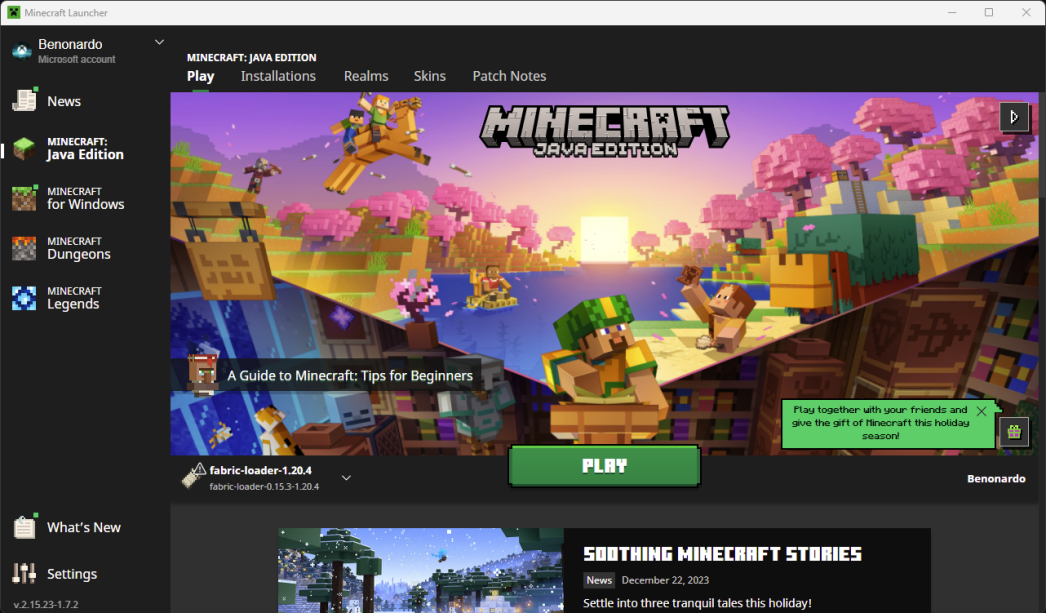 Minecraft Launcher con il profilo Fabric selezionato.